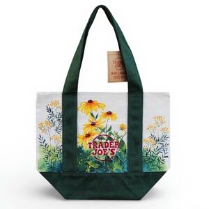 Trader Joe’s Mini Canvas Tote Hand Painted Daisy Floral Green Handle New